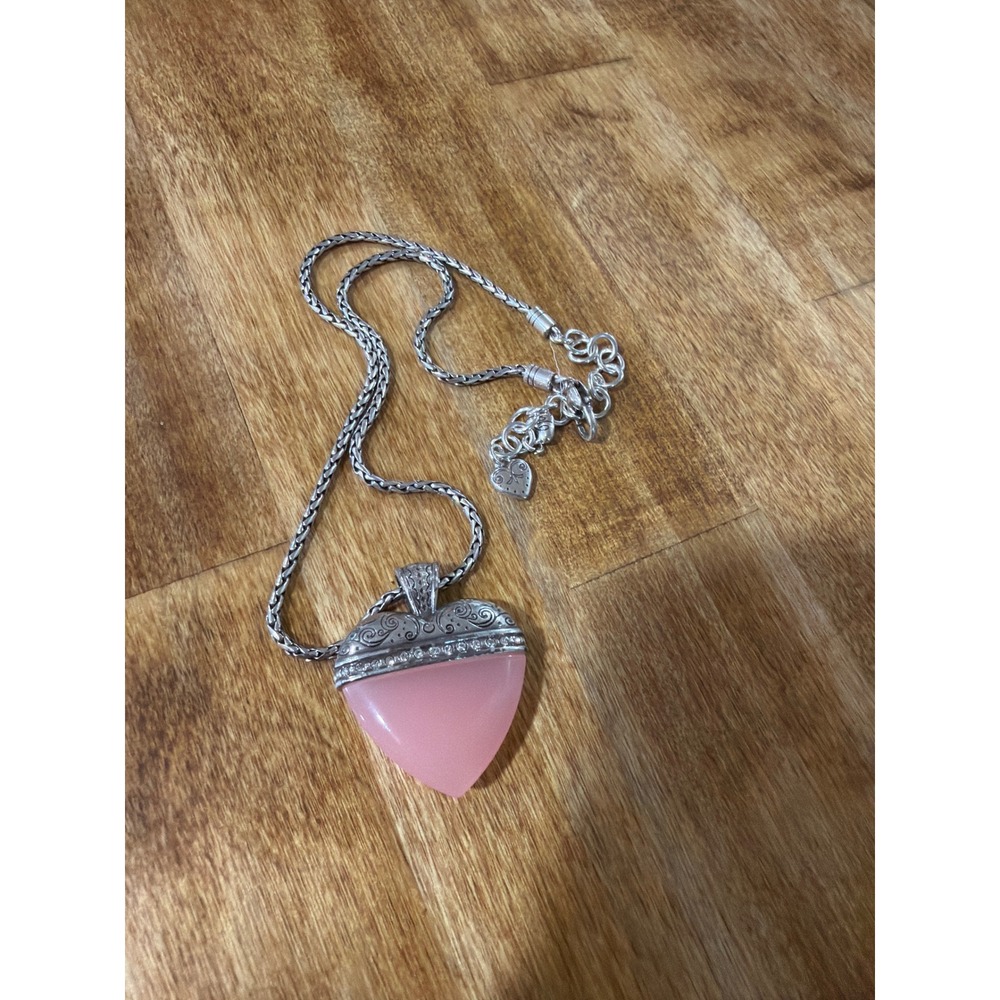 Brighton Heart Pendant Necklace Women Pink Stone Silver Tone Scrollwork